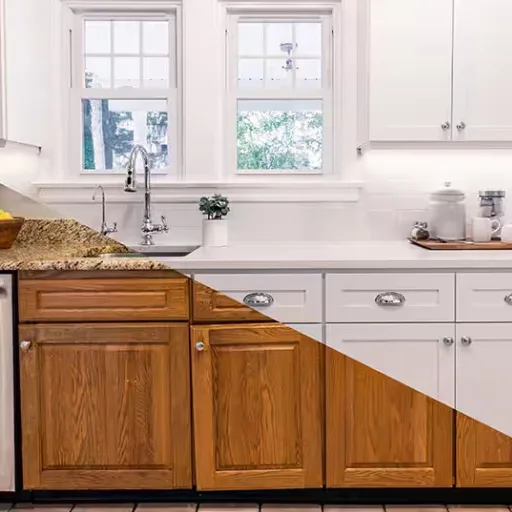 Kitchen cabinets part-way through a refacing installation