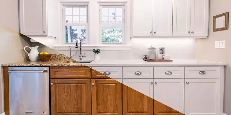Refaced kitchen cabinets with new doors and hardware